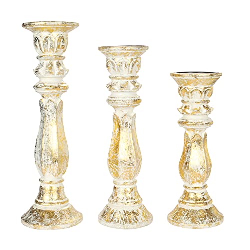 Descent Art Designs Carved Candle Holder Stand Wooden, Candalbras, Rounded Turned Columns Unity Candle Holders, Country Style Idle Gift For Wedding, Party, Home, Spa - 16,14,12 Inch - Gold Foil White #TOP26