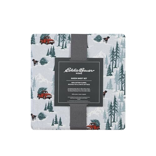 Image of Eddie Bauer - Flannel Sheets Queen Size, Anti-Pilling & Wrinkle Resistant Cotton, Touchably Soft for All-Season Comfort - Bed Sheets with Matching Pillowcases & Fitted Sheet (Tree Farm Light Blue)