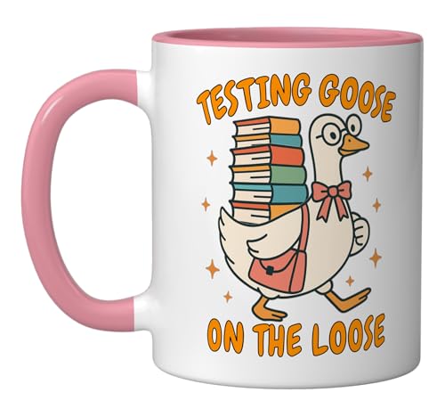 Test Day Teacher Squad Motivation Testing Goose On The Loose Ceramic Mug, Pink/White