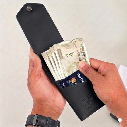Image of WILDMAN Flip Genuine Leather Vertical Slim Wallet for Men and Women | Pull-String Quick Card Access | Compact Front Cash Pocket & Button Lock | Minimalist Travel & Daily Carry Wallet(Black)