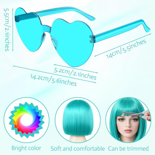 Image of MEEZY Lake Blue Bob Wig with Bangs Heart Sunglasses for Women, Neon Colored Bob Hair Funny Party Wig Synthetic Crazy Hair for Woman Man Halloween Costume Cosplay Bachelorette Party Supplies