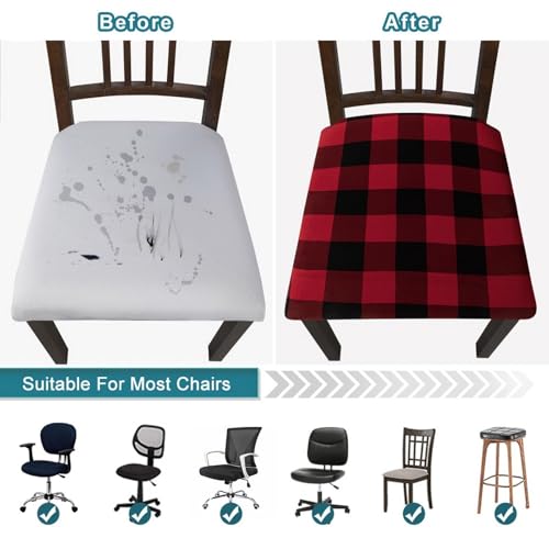 Image of SearchI 6 Pack Christmas Seat Covers for Dining Room Chairs Stretch Printed Xmas Chair Seat Covers,Removable Upholstered Chair Seat Protector for Christmas Decoration,Kitchen,Office (Black /Red Plaid)