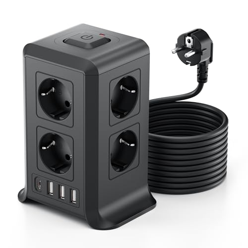 Multiprise avec Interrupteur, Tour Multiprise 8 Prises et 4 USB（3 USB-A&1 USB-C Max 5V/3.4A,Parafoudre et Surtension, 3M Câble à la Maison et au Bureau