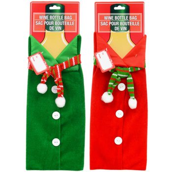 Jolly Elf Christmas House Fabric Scarf Wine Bottle Gift Bags - Set of 2