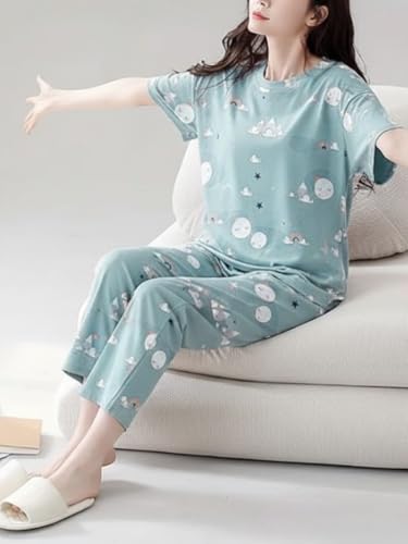 Image of Women's Korean Style Night Suit Set | Cotton Half Sleeve Top & Pyjama Set | Round Neck Printed Nightsuit | Comfortable Nightwear & Loungewear for Women | Sleepwear Pjs Lounge Set |Co-ords Outfit