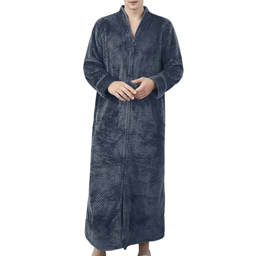 Generisch Albornoz para hombre, largo invierno, cálido, con cuello en V, manta de forro polar, con cremallera, bata de casa, kimono, ropa de dormir para hombres