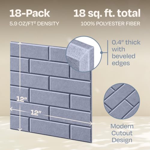 Image of Acoustic Wall Panels 18-Pack, 12 inchx12 inchx0.4 inch Decorative Self-Adhesive Sound Proofing | High Density 3D Brick Soundproof Absorbing Tiles for Walls, Home, Office & Studio - Dusky Gray