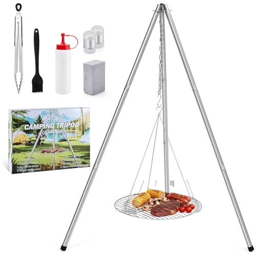 Image of HaSteeL Campfire Tripod for Cooking, Stainless Steel Camping Tripod Grill for Outdoors Beach Backyard Firepit BBQ, Openfirer Stand Hanger with 17 inch Folding Rack & 6 Barbecue Tools, Adjustable Height