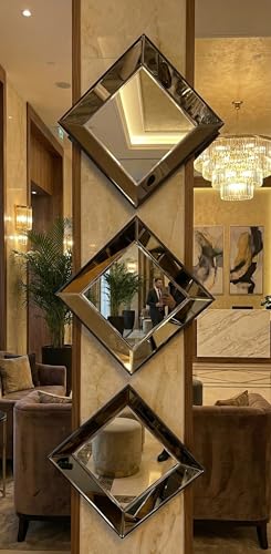 Image of Alfa Design 3D Square Wall Mounted Bevelled Wall Mirror | 14x14 Inch Glass Wood Backing | Mirror for Farmhouse (Pack of 1)
