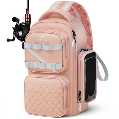 MATEIN Fishing Tackle Bag for Girls Waterproof 3600 Tackle Box Backpack Convertible Sling Bag with Lure Rod Holder & Phone Pouch Lightweight Outdoor Gear Fishing Gifts for Girls Pink