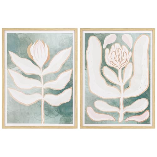 Baroni Home Set di 2 Quadri Moderni per Soggiorno in Canvas con Cornice in Legno Chiaro, Coppia di Quadri Stampa Alta Qualità, Decorazione Murale Colorata da Camera e Cucina, Fiori, 50x3x50 cm