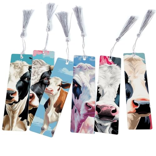 Marque-pages à pompons motif vache : lot de 6 signets de lecture fantaisie pour livres