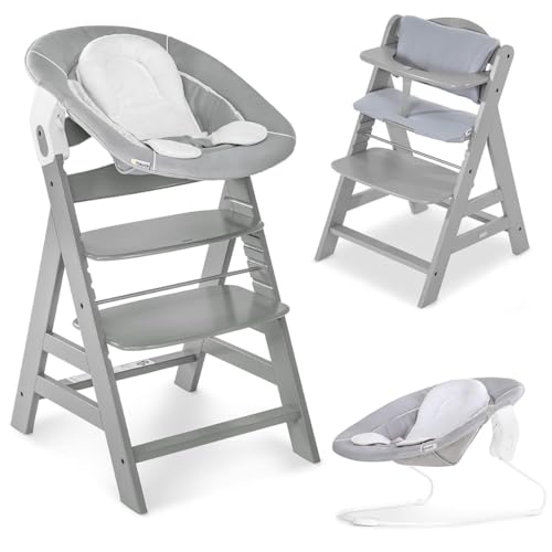 hauck Alpha Plus Newborn Set Trona Evolutiva Recién Nacidos con Hamaca Cojín y Arnés - Silla Alta de Madera para Bebés desde el Nacimiento - Tronas Primeras Comidas para Niños - Gris Oscuro