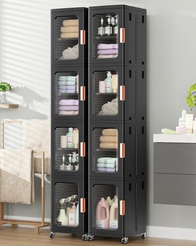 Image of BROVIEW 8-Tier Tall Narrow Storage Cabinet Organizer, Slim Bathroom Cabinets with Adjustable Shelves and Doors, Plastic Kitchen Pantry Organizers and Storages for Small Space, Laundry, Black