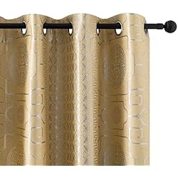 Cortinas Semi Opacas GIRASOLE HOME® Par de cortinas Jacquard Semi opacas, diseño oriental, cortina suave térmica, aislante, para salón, dormitorio, interior, 2 paneles con ojales (oro oriental, 140 x 275 cm)