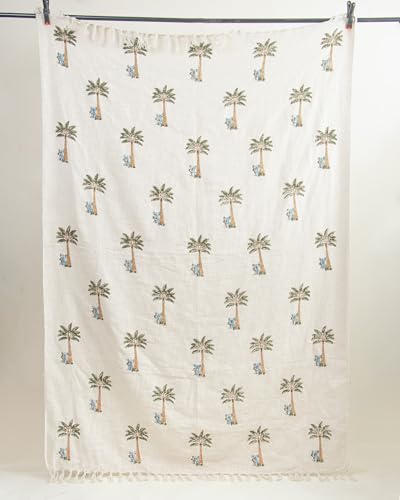 Image of Boho Throw Blanket - 100% Cotton Handblock Print Palm Tree Design, 50x70 Inch Lightweight Sofa Throw with Fringe - Tropical Boho Decor for Couch, Bed, or Living Room (R-HBTH00106)