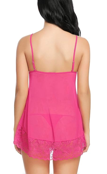 Image of Stylbase Babydoll Lingerie Night Dress Women Lace Slip & net Nighty Set - V-Neck Lycra Chemise Sleepwear Nightdress with Adjustable Straps & Matching Thong Panty, Bridal Honeymoon Nightwear (Upto L)