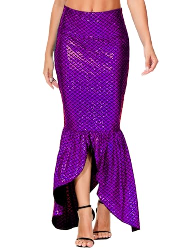 Damen Meerjungfrau Rock Kostüm Karneval Cosplay Glitzer Fischschuppenrock Karneval Kostüm Mermaid Tail Lila M