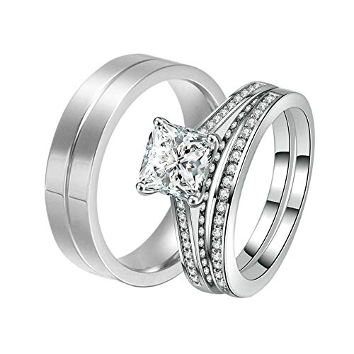 Aokarry Couple Ring Bridal Set His Hers Wedding Rings Set Stainless Steel Groove Bands & White Gold Plated Square Cubic Zirconia Ring Women Size 9 & Men Size 9.5