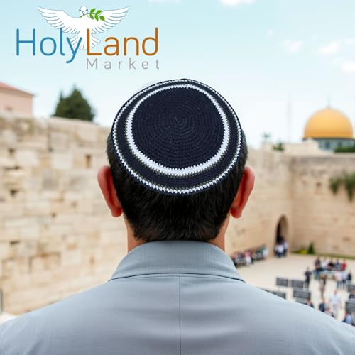 Holy Land Market Black/White 17cm DMC 100% Knitted Cotton Kippah Torah Chabad Yarmulke Jewish