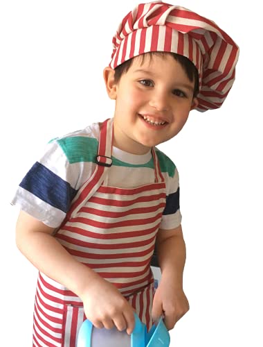 Dapper&Doll Kids Apron and Chef Hat - Gift Set for Boys Girls Ages 4-10 - Red Stripe