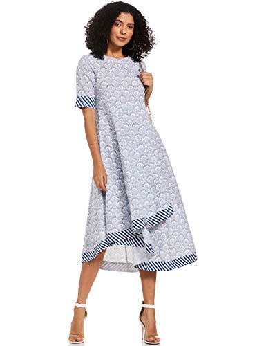 Image of Rangriti Blue Cotton Kalidar Dress for Women