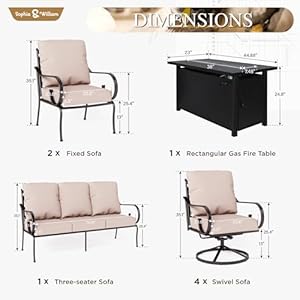 Sophia & William 6 Piece Outdoor Patio Furniture Set, 7 Seats Patio Conversation Sets with 45" Gas Fire Pit Table x 1, 3-seat Sofa x 1, Swivel Chair x 2, Cushioned Chair x 2, Beige Sophia William 6 Piece Outdoor Patio Furniture Set 7 Seats Patio Conversation Sets with 45 Gas Fire Pit Table x 1 3 seat Sofa x 1 Swivel Chair x 2 Cushioned Chair x 2 Beige