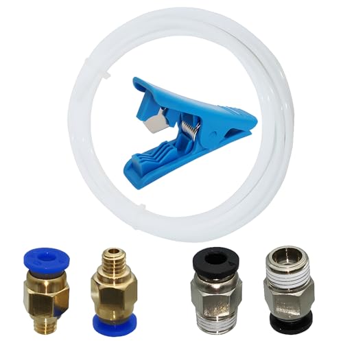 Tubo de teflón 3D para boquilla Blanco, CESFONJER 3 metro PTFE 1,75 mm filamento ID 2mm OD 4 mm + Cortador De Tubo + PC4-M6-M10 Conector(2Pcs+2Pcs)