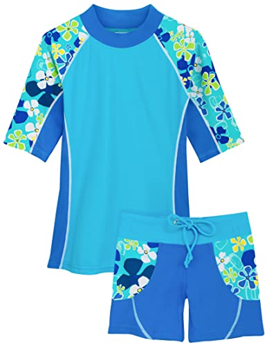 Image of Tuga Girls Two-Piece Short Sleeve Swimsuit Set 2-14Years, UPF 50+ Sun Protection