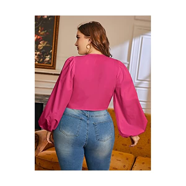 MakeMeChic-Womens-Plus-Size-Lantern-Sleeve-Deep-V-Neck-Tie-Front-Blouse-Crop-Top MakeMeChic Women's Plus Size Lantern Sleeve Deep V Neck Tie Front Blouse Crop Top Hot Pink 3XL