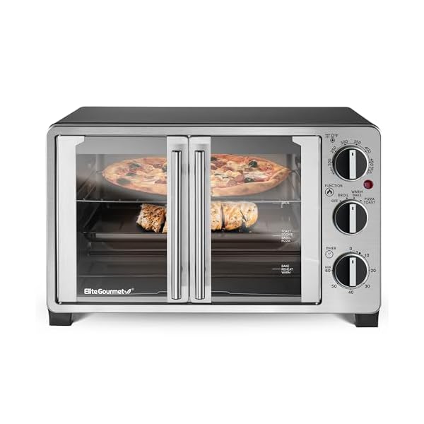 Elite Gourmet ETO2530M Double French Door Countertop Toaster Oven, Bake, Broil, Toast, Keep Warm, Fits 12" pizza, 25L capacity, Stainless Steel & Black