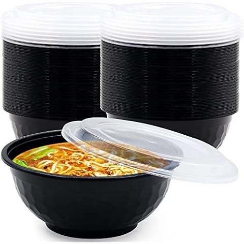 POPMISOLER 150 Pcs Stackable Meal Prep Bowl Containers,36 OZ Food Takeout Bowls Reusable,Black Disposable With Lids,Microwavable Dishwasher Safe Leak Resistant for Noodle Soup,Salads&Ramen Bow (36oz) Cover