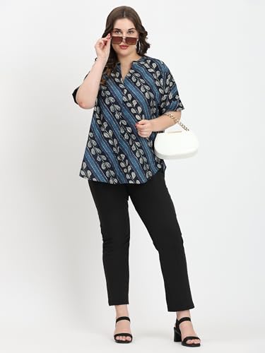 Image of SINDOORI Relaxed Fit Tops for Women Plus Size Solid Printed Mandarin Collar, Band Collar, V-Neck Top, Half Sleeve Loose Fit
