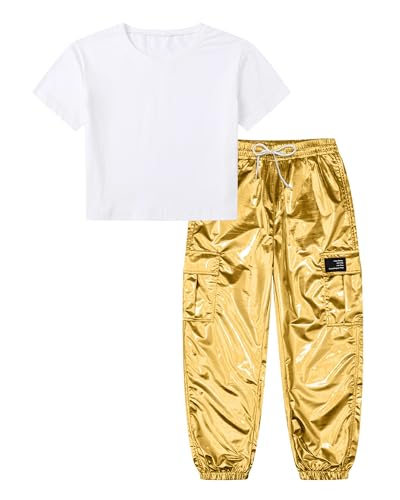 Image of Betusline Girls 2 Piece Summer Outfits,Kids Casual Short Sleeve Crop Top & Cargo Jogger Pants Sets,4T-14Y