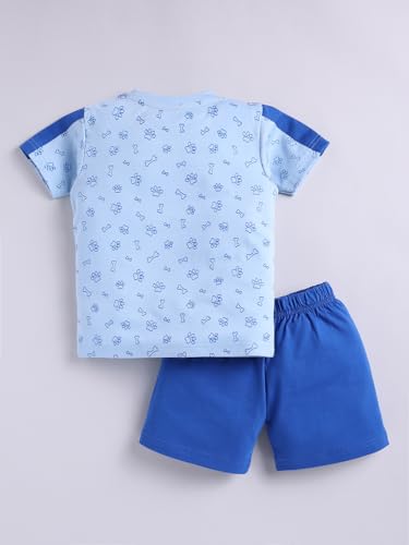 Image of LITTLE NINJA Pure Cotton Knee Length Half Sleeve Cute Puppy Printed Tee & Shorts Set - Sky Blue 0-6M