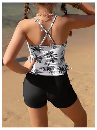 Image of BEAUDRM Girl's 2 Piece Tankini Set Tropical Print Bathing Suits Hawaiian Swimsuits with Shorts Beachwear Tankini