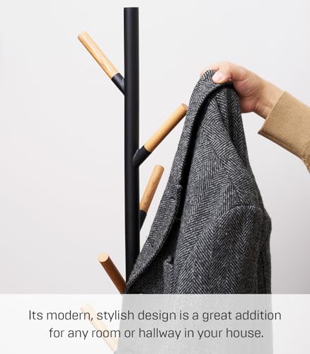 Yamazaki Home Plain Freestanding Coat Hanger Rack With Wooden Hooks, Space Saving, 70" - Steel