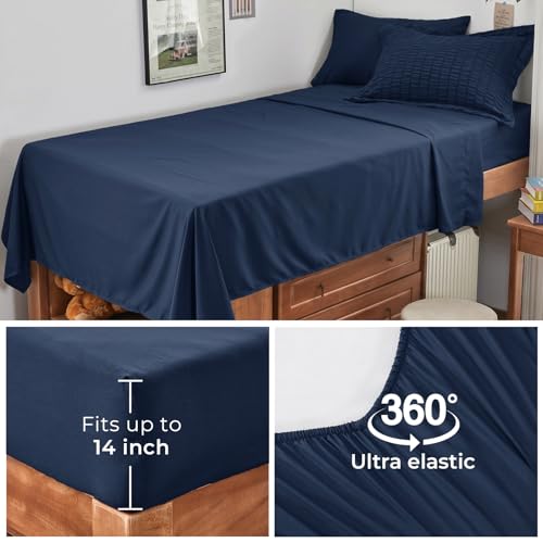 Image of HYMOKEGE Navy Blue Twin XL Comforter Set Seersucker 5 Pieces, All Season Luxury Bed in a Bag for Bedroom, Bedding Set with Comforter, Sheets, Pillowcase & Sham