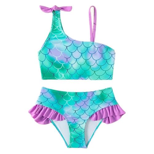Bikini Niña, Bikinis Traje de Baño de Dos Piezas con Estampado de Escamas de Pez para Niñas, Ropa Bañador Sets Conjunto Top de un Solo Hombro Y Braga, Tirantes Ajustable, Playa, Volante y Lazo