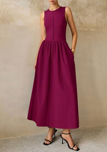 Image of PRETTYGARDEN Maxi Dresses for Women 2026 Summer Casual Sleeveless Patchwork Flowy Vacation Sundress Knit Long Work Tank Dress