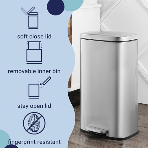 Image of happimess Curtis 8 Gal Step Trash Can Soft Close 25 inch, Platinum Silver | Stainless Steel, Fingerprint Resistant Satin Finish, Removable Liner, Steel Pedal, 20 Trash Bags Included, Kitchen Bin