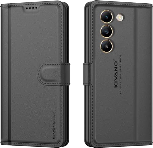 Image of KIVANO LUXE Compatible for Vivo T3 5G / Vivo Y200e 5G Luxury Handmade Leather Magnetic Flip Folio Case | Card Holder & Kickstand | Slim Protective Cover | Unisex - Black