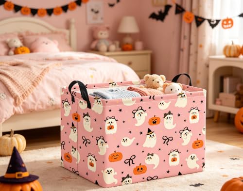 Image of Halloween Basket Cute Baskets for Kids Pumpkin Basket Rectangular Storage Bin Organizer Box Room Decor(Bowknot Ghost)
