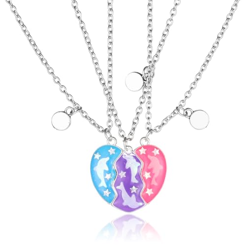 3Pcs Heart Shaped Dolphin Best Friend Necklace Enamel Mutual Attraction Magnetic BFF Necklace for 3 Girls Heart Pendant Friendship Necklaces for Girls Graduation Birthday Gifts (Blue, Purple, Pink)