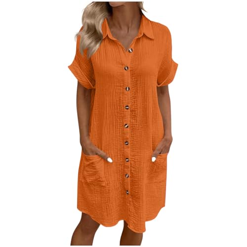 Yolimok Summer Shirts Dresses for Women UK Oversized Cotton Linen Baggy Tunic Shirt Mini Dress Button Up V Neck Plain Sundress with Pockets Beach Lounge Lightweight Holiday Essentials Dresses Orange