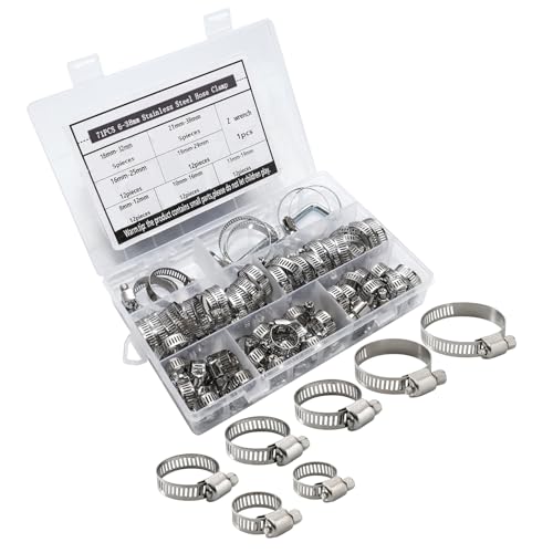 71Pcs Jubilee Clip Stainless Steel Hose Clips Adjustable 6-38mm Range Hose Clamps Pipe Clips Assortment with Screwdriver and Storage Case, 7Sizes