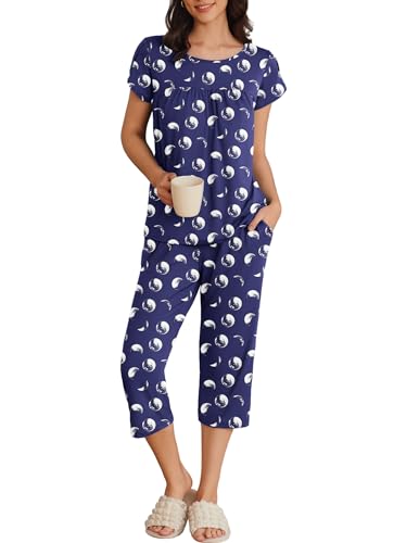 Image of Ekouaer Womens Pajama Set Short Sleeve Sleepwear Pleated Floral Pjs Set Capri Pants Lounge Sets with Pockets S-XXL
