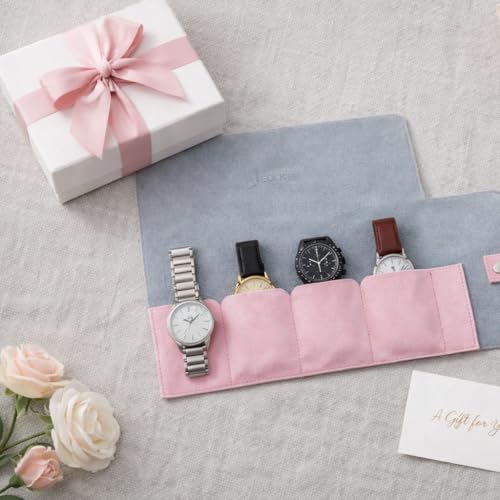 Image of Folk Creations Watch Roll for 4 Watches | Vegan Leather Travel Case for Women & Men | Velvet Cushion Organizer | Gift for Collectors | Scratch-Proof Watch Storage Box, Pink