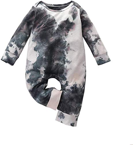 Fiomva Newborn Baby Boy Girl Tie Dye Jumpsuit Long Sleeve Ribbed Romper Bodysuit One Piece Fall Clothes Outfit Pajamas Set (Black White,0-6 Months)