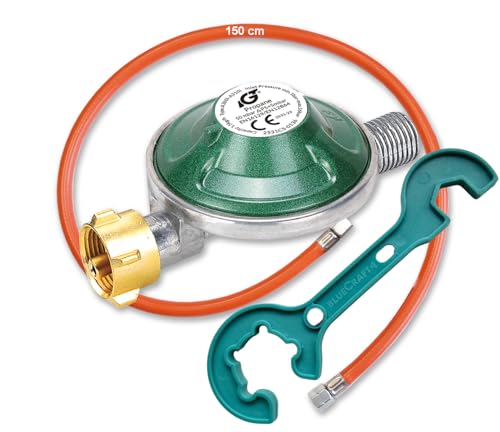 Bluecraft Set Gasregler 50 mbar mit Gas Schlauch 150 cm Druckregler Druckminderer + Gasregler-Schlüssel | Für Gaskocher, Gas-Grill, Gasofen, Hockerkocher, Gasflasche